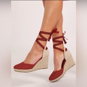 SHEIN Ankle Wrap Closed Toe Jute Trim Espadrille Wedges